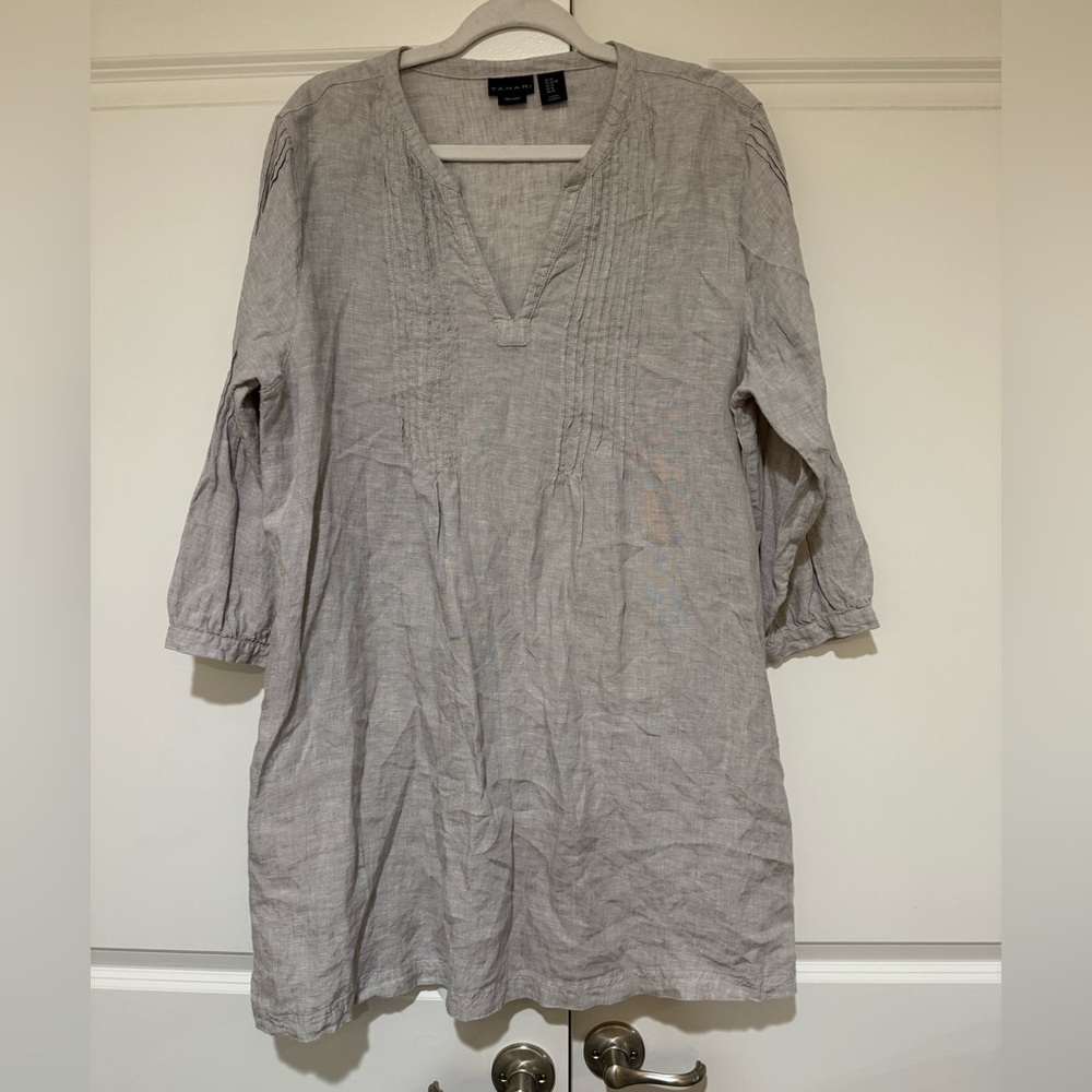 Tahari Light Gray 💯% Linen Dress with Pockets sz XL - Picture 3 of 6